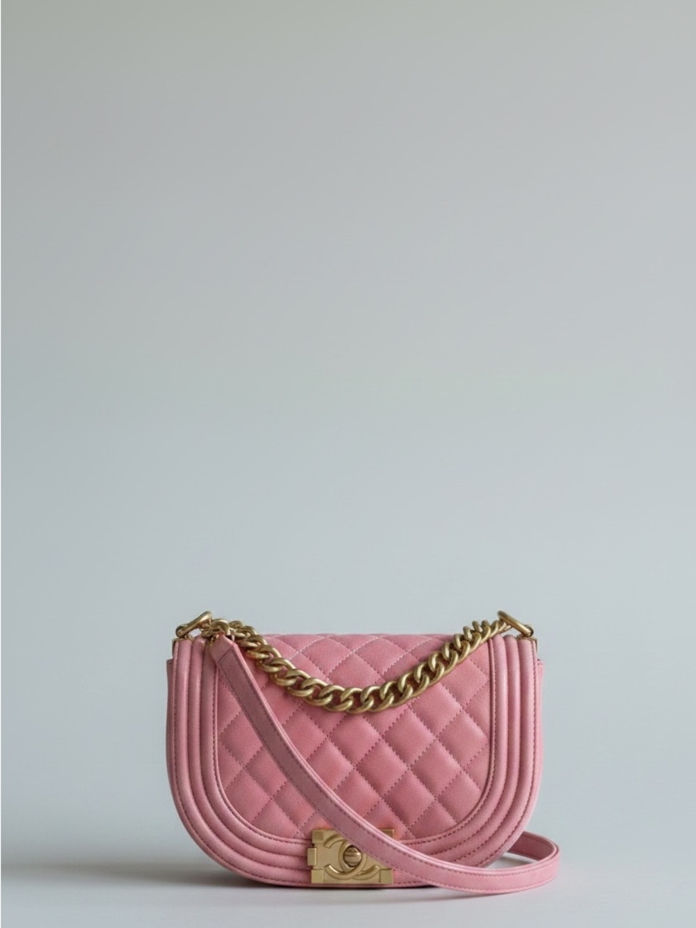 CHANEL Pink Quilted Velvet Small Boy Messenger Crossbody Bag with Gold Chain